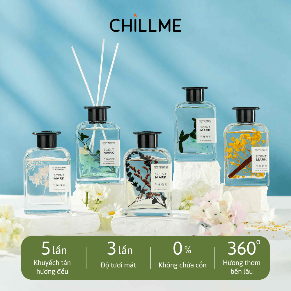  Tinh dầu khuếch tán cắm que 200ml Chillme thơm phòng khử mù decor hoa 