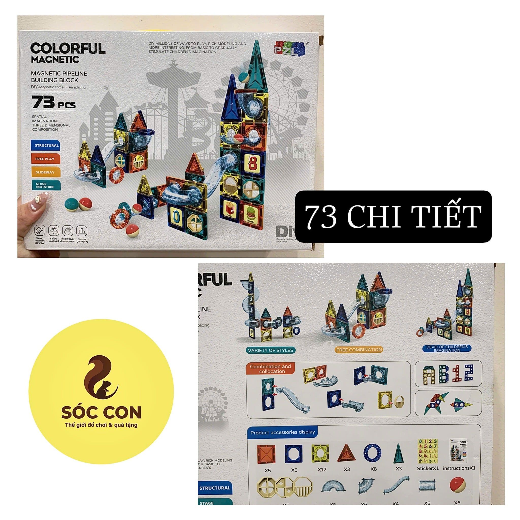  Đồ chơi giáo dục : bộ lắp ráp hình khối ( từ tính ) xây dựng công trình thả bóng, 73pcs & 97pcs, 6Ages+ No. 9917,9918B 