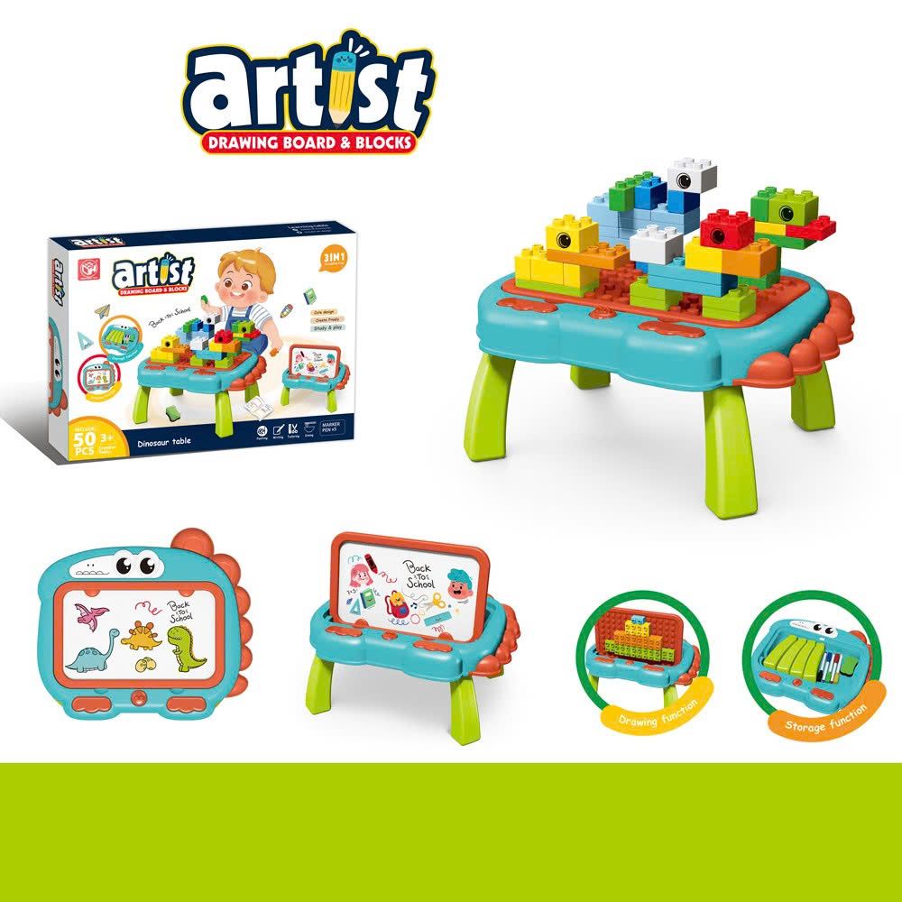  Đồ chơi giáo dục: Bộ bàn xếp hình kèm bàn vẽ khủng long 2in1 50pcs (Xanh dương) No. 188T-13 
