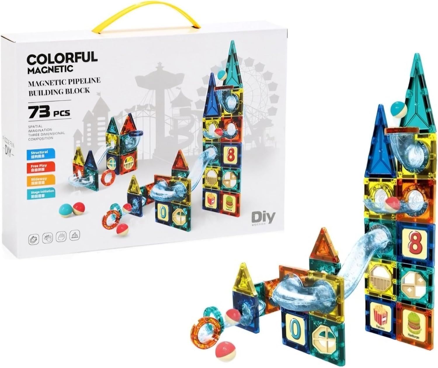  Đồ chơi giáo dục : bộ lắp ráp hình khối ( từ tính ) xây dựng công trình thả bóng, 73pcs & 97pcs, 6Ages+ No. 9917,9918B 