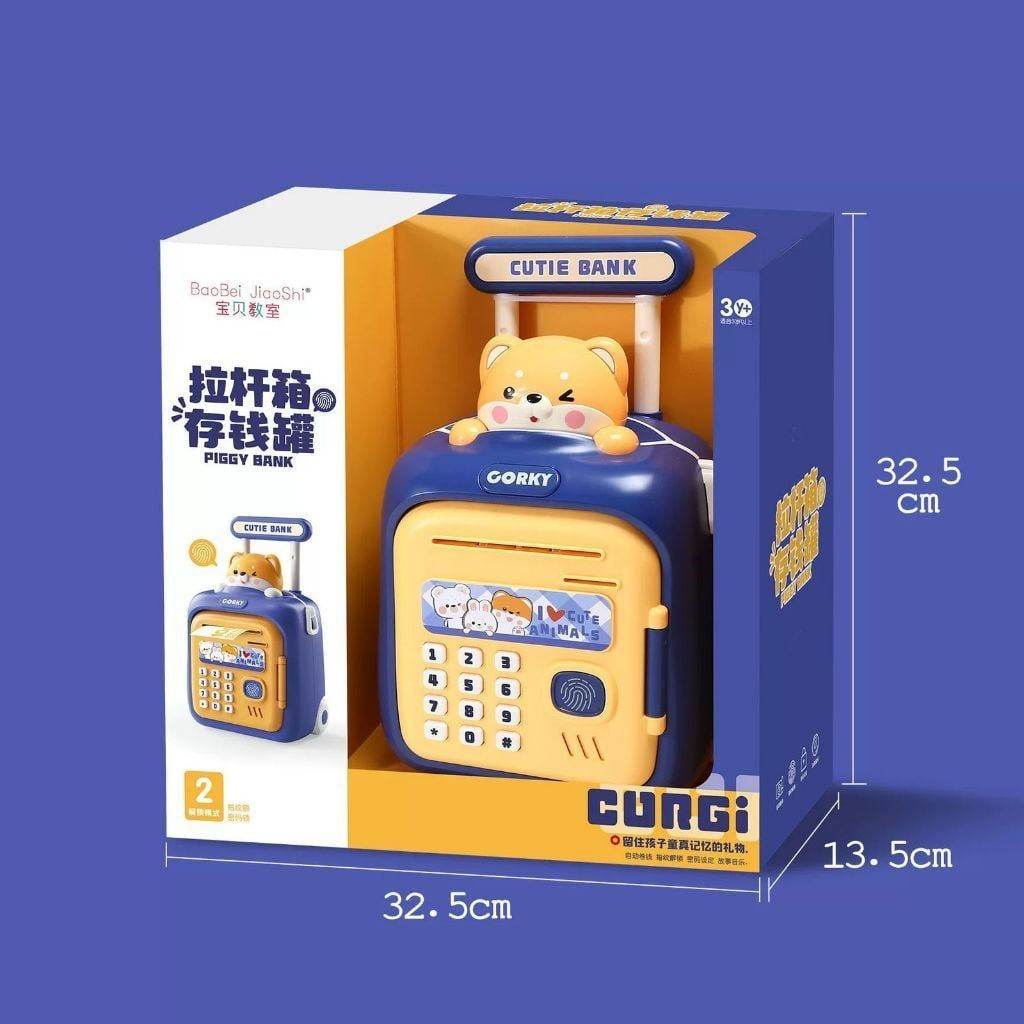  Hộp xe đẩy heo đất CORKY chứa tiền giấy và tiền xu có khóa bằng vân tay (dùng pin)+3ages, No. 33826 