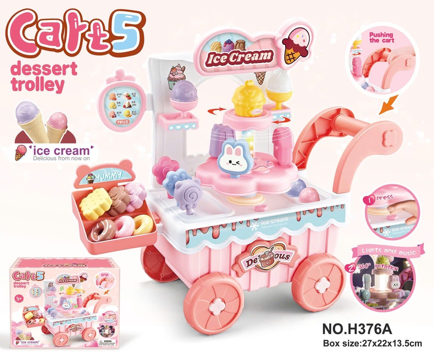  Đồ chơi nhập vai : Xe Kem Đồ Chơi Màu Hồng – Cart 5 Dessert Trolley, 3ages+, No. H376A 