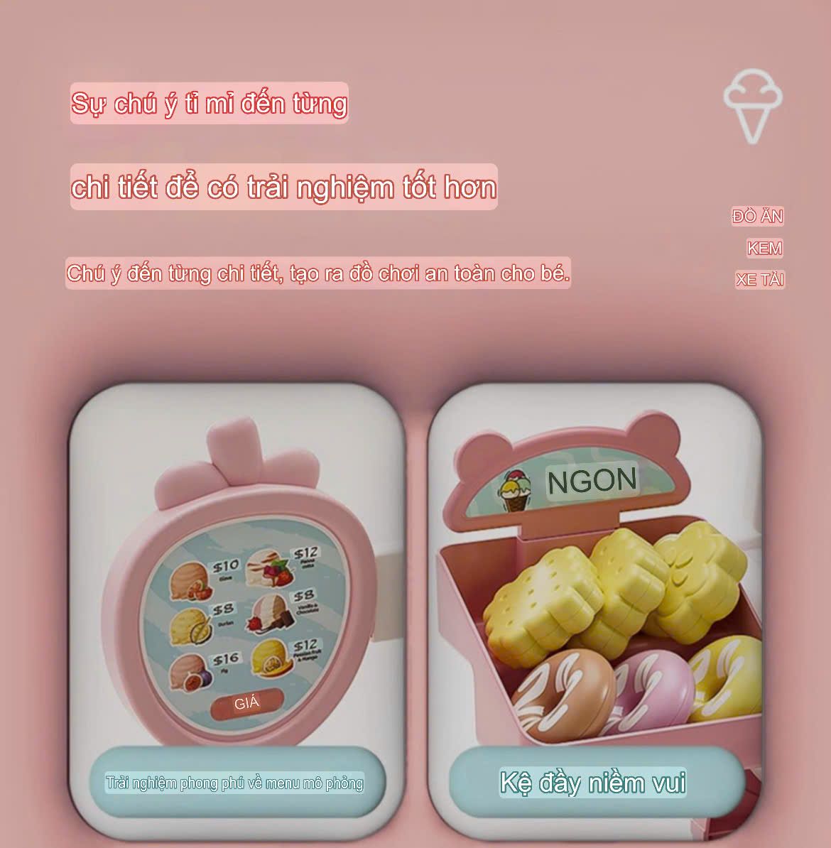  Đồ chơi nhập vai : Xe Kem Đồ Chơi Màu Hồng – Cart 5 Dessert Trolley, 3ages+, No. H376A 