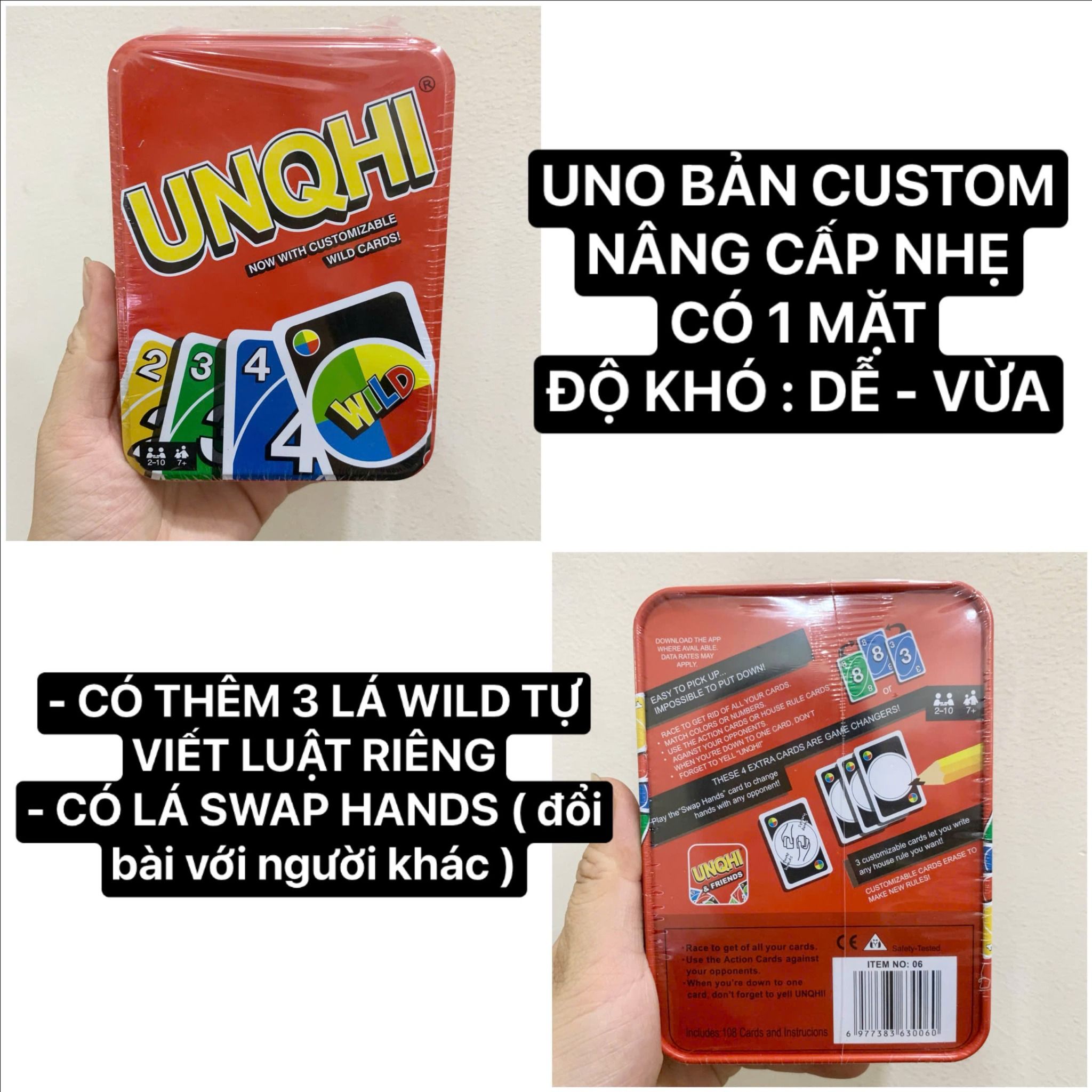  Đồ chơi trí tuệ : MỘT BỘ UNO 108 CARD HỘP THIẾC , ĐỒ CHƠI BOARD GAME 2-10 người chơi, 7ages+, No. 06, 08, 09 
