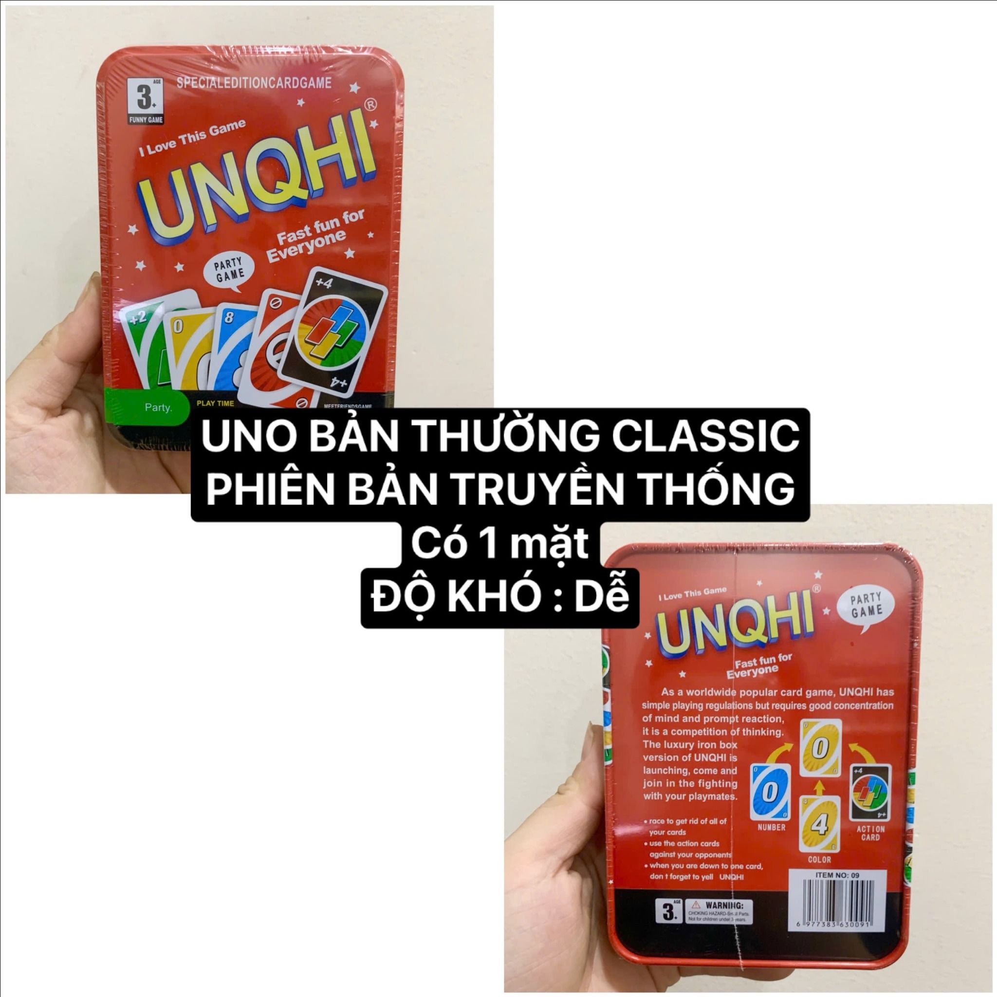  Đồ chơi trí tuệ : MỘT BỘ UNO 108 CARD HỘP THIẾC , ĐỒ CHƠI BOARD GAME 2-10 người chơi, 7ages+, No. 06, 08, 09 