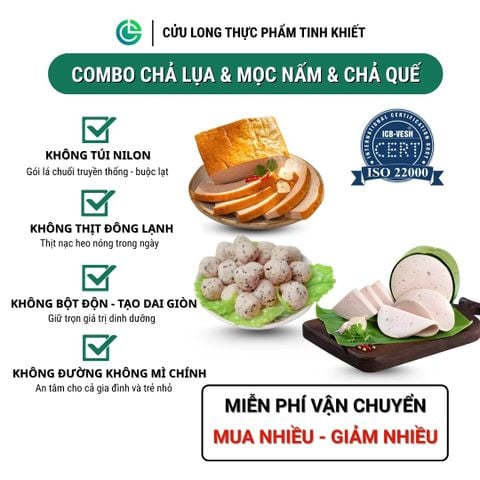 Combo Giò Chả Ngon Cửu Long: Chả Lụa (0.5KG), Chả Nướng (0.5KG), Chả Mọc Nấm Hướng (0.5KG) - Sạch Chuẩn ISO 22000