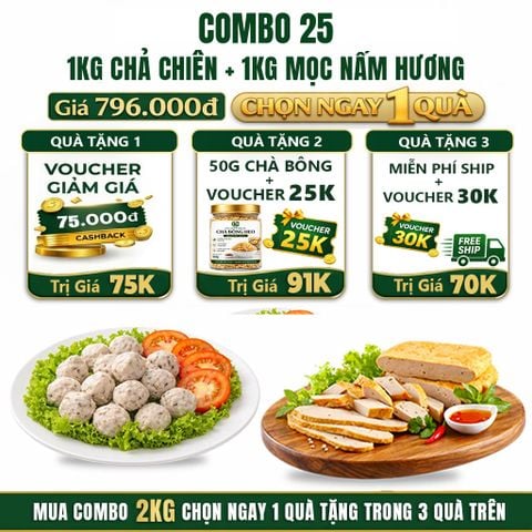 Combo Giò Chả Ngon Cửu Long 1.5Kg: Chả Chiên Sạch 1Kg, Chả Mọc Nấm Hương 0.5Kg - Không Bột, Không Phụ Gia Nhân Tạo