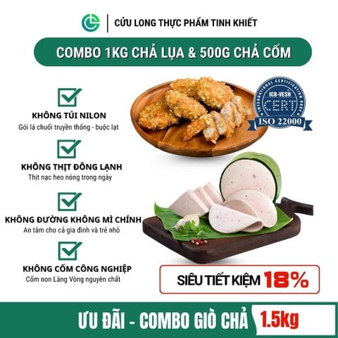 Combo Giò Chả Ngon Cửu Long: Chả Lụa (1KG), Chả Cốm (0.5KG) - Giao Nóng Trong Ngày, Sạch Tiết Kiệm