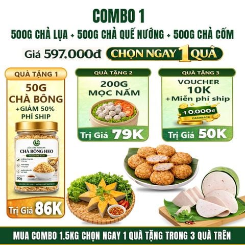 Combo Giò Chả Ngon Cửu Long: Chả Lụa (0.5KG), Chả Cốm (0.5KG), Chả Chiên (0.5KG) - Giao Nóng Mỗi Ngày
