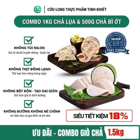 Combo Giò Chả Ngon Cửu Long: Chả Lụa (1KG), Chả Bì (0.5KG) - Không Túi Nilong, Sạch An Tâm
