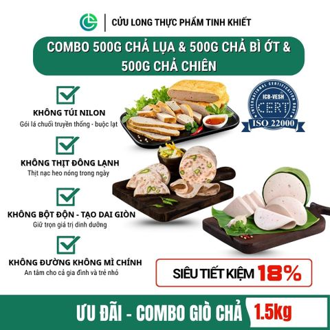 Combo Giò Chả Ngon Cửu Long: Chả Lụa (0.5KG), Chả Bì (0.5KG), Chả Chiên (0.5KG) - Sạch, Giao Nóng
