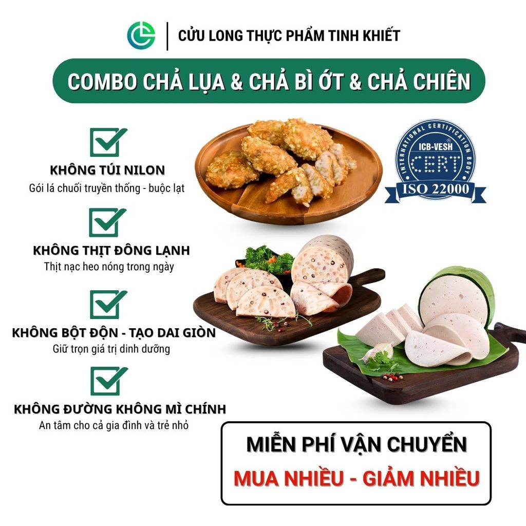 Combo Giò Chả Ngon Cửu Long: Chả Lụa (0.5KG), Chả Bì (0.5KG), Chả Cốm (0.5KG) - Sạch An Tâm, Chuẩn ISO 22000