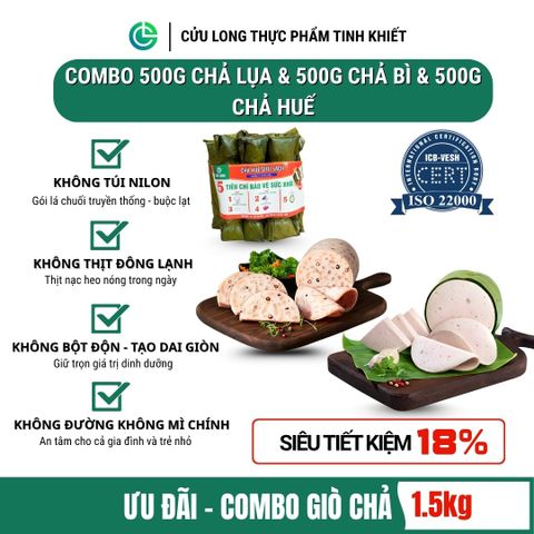 Combo Giò Chả Ngon Cửu Long: Chả Lụa (0.5KG), Chả Bì (0.5KG), Chả Huế (0.5KG) - Không Túi Nilong