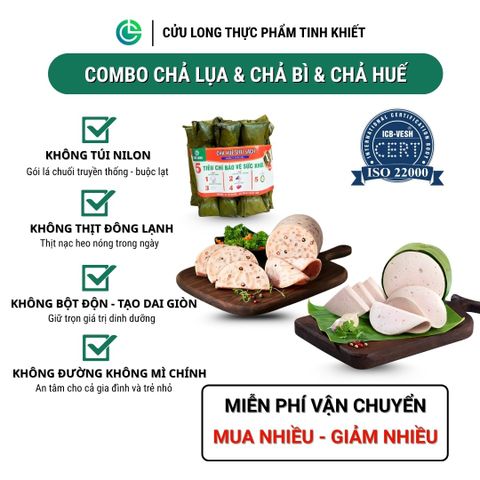 Combo Giò Chả Ngon Cửu Long: Chả Lụa (0.5KG), Chả Bì (0.5KG), Chả Huế (0.5KG) - Không Túi Nilong
