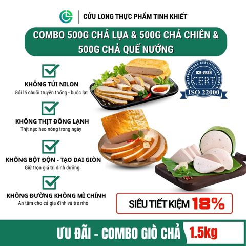 Combo Giò Chả Ngon Cửu Long: Chả Lụa (0.5KG), Chả Nướng (0.5KG), Chả Chiên (0.5KG) - Sạch An Tâm, Tiết Kiệm