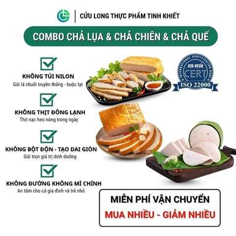 Combo Giò Chả Ngon Cửu Long: Chả Lụa (0.5KG), Chả Nướng (0.5KG), Chả Chiên (0.5KG) - Sạch An Tâm, Tiết Kiệm