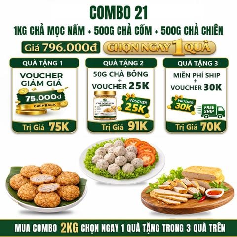 Combo Giò Chả Ngon Cửu Long 2Kg: Mọc Nấm Hương 1Kg,Chả Lụa Ngon 0.5Kg, Chả Cốm Non Làng Vòng 0.5Kg, - Sạch, Vị Tinh Khiết, Không Phụ Gia Nhân Tạo
