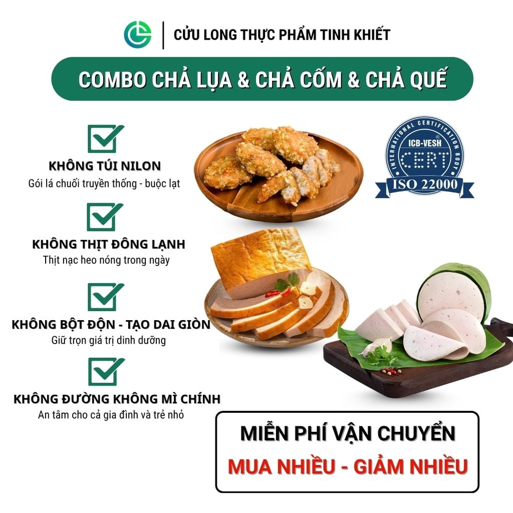 Combo Giò Chả Ngon Cửu Long: Chả Lụa (0.5KG), Chả Cốm (0.5KG), Chả Chiên (0.5KG) - Giao Nóng Mỗi Ngày