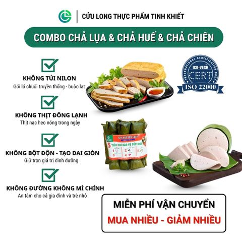 Combo Giò Chả Ngon Cửu Long: Chả Lụa (0.5KG), Chả Chiên (0.5KG), Chả Huế (0.5KG) - Giao Nóng Mỗi Ngày