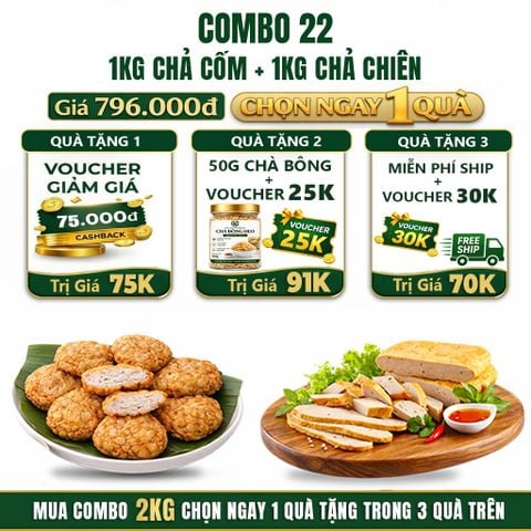 Combo Giò Chả Ngon Cửu Long 2Kg: Chả Cốm Làng Vòng 1Kg, Chả Chiên Sạch 1Kg - Sạch Không Phụ Gia Nhân Tạo