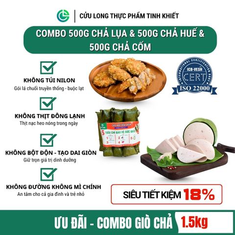 Combo Giò Chả Ngon Cửu Long: Chả Lụa (0.5KG), Chả Cốm (0.5KG), Chả Huế (0.5KG) - Sạch, Tiết Kiệm, An Tâm