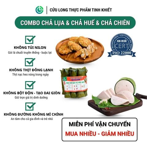 Combo Giò Chả Ngon Cửu Long: Chả Lụa (0.5KG), Chả Cốm (0.5KG), Chả Huế (0.5KG) - Sạch, Tiết Kiệm, An Tâm