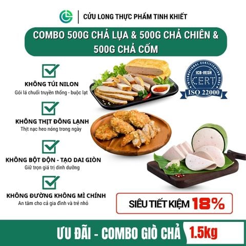 Combo Giò Chả Ngon Cửu Long: Chả Lụa (0.5KG), Chả Cốm (0.5KG), Chả Chiên (0.5KG) - Sạch An Tâm, Giao Nóng