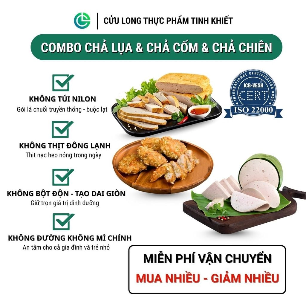 Combo Giò Chả Ngon Cửu Long: Chả Lụa (0.5KG), Chả Cốm (0.5KG), Chả Chiên (0.5KG) - Sạch An Tâm, Giao Nóng