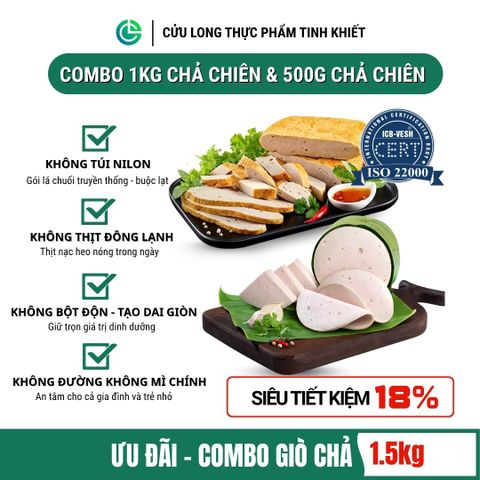 Combo Giò Chả Ngon Cửu Long: Chả Lụa (1KG), Chả Chiên (0.5KG) -Không Phụ Gia Nhân Tạo, Giao Nóng Mỗi Ngày
