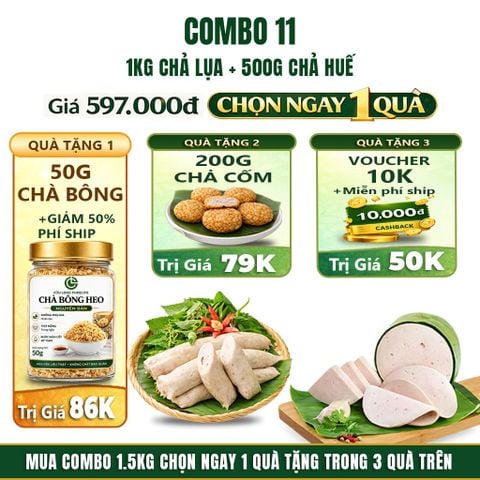 Combo Giò Chả Ngon Cửu Long: Chả Lụa (1KG), Chả Huế (0.5KG) - Không Phụ Gia Nhân Tạo, Chuẩn ISO 22000