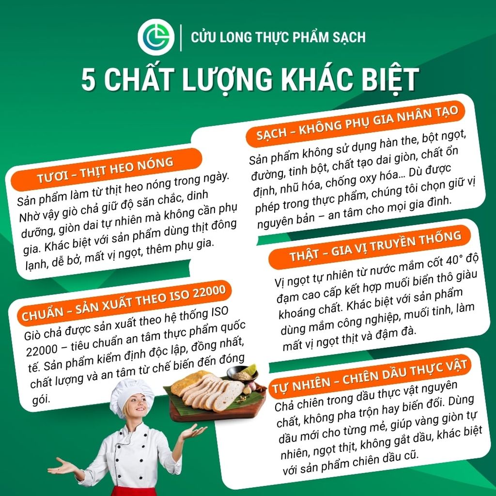 Combo Giò Chả Ngon Cửu Long 2Kg: Chả Cốm Làng Vòng 1Kg, Chả Chiên Sạch 1Kg - Sạch Không Phụ Gia Nhân Tạo