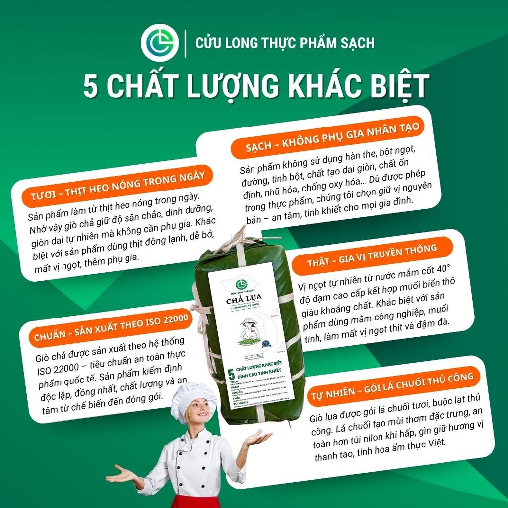 Combo Giò Chả Ngon Cửu Long: Chả Lụa (1KG), Chả Bì (0.5KG), Chả Cốm (0.25KG) - Giao Nóng Mỗi Ngày, Không Túi Nilon