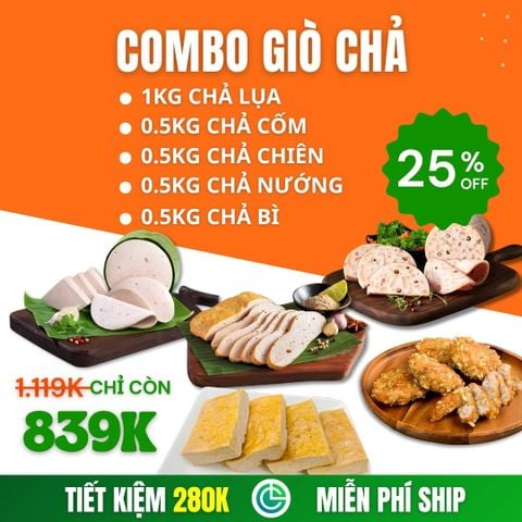 Combo Giò Chả Sạch 5 Món 3kg – Chả Lụa, Chả Chiên, Chả Cốm, Chả Bì, Chả Nướng