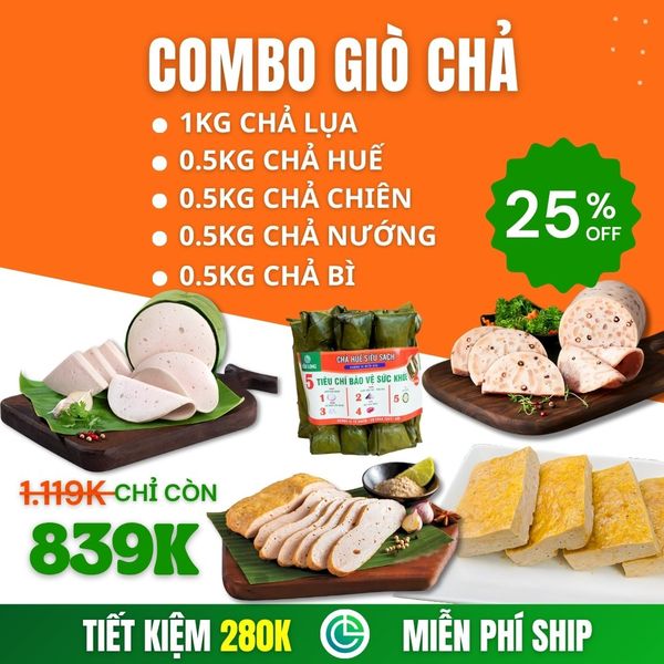 Combo Giò Chả Sạch 5 Món 3kg – Chả Lụa, Chả Chiên, Chả Huế, Chả Bì, Chả Nướng