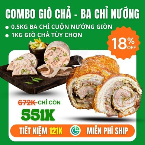 Combo Giò Chả 1kg + Ba Chỉ Cuộn Nướng Giòn 0.5kg – Giao Nóng Trong Ngày, Tiết Kiệm 157K