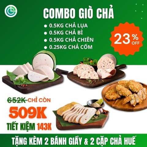 Combo Giò Chả Ngon Cửu Long: Chả Lụa (0.5KG), Chả Bì (0.5KG), Chả Chiên (0.5KG), Chả Cốm (0.25KG) - Sạch, Giao Nóng Mỗi Ngày