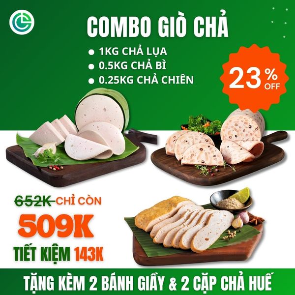 Combo Giò Chả Ngon Cửu Long: Chả Lụa (1KG), Chả Bì (0.5KG), Chả Chiên (0.25KG) - Gói Lá Chuối, Giao Nóng Mỗi Ngày