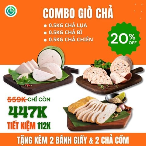 Combo Giò Chả Ngon Cửu Long: Chả Lụa (0.5KG), Chả Bì (0.5KG), Chả Chiên (0.5KG) - Sạch, Giao Nóng