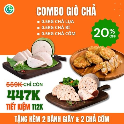 Combo Giò Chả Ngon Cửu Long: Chả Lụa (0.5KG), Chả Bì (0.5KG), Chả Cốm (0.5KG) - Sạch An Tâm, Chuẩn ISO 22000