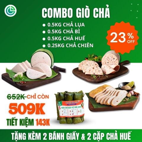 Combo Giò Chả Ngon Cửu Long: Chả Lụa (0.5KG), Chả Bì (0.5KG), Chả Huế (0.5KG), Chả Chiên (0.25KG) - Giao Nóng Mỗi Ngày