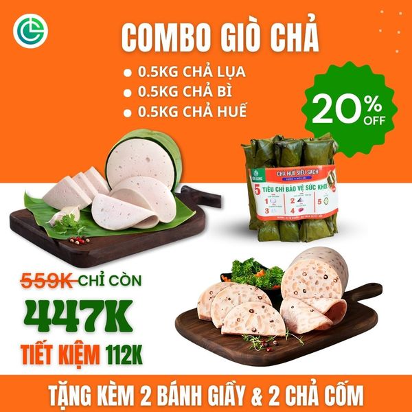 Combo Giò Chả Ngon Cửu Long: Chả Lụa (0.5KG), Chả Bì (0.5KG), Chả Huế (0.5KG) - Không Túi Nilong