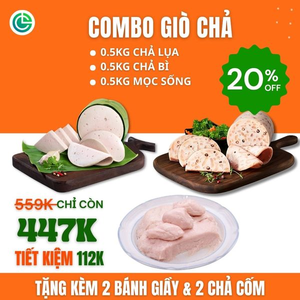 Combo Giò Chả Ngon Cửu Long: Chả Lụa (0.5KG), Chả Bì (0.5KG), Chả Mọc Sống (0.5KG) - Giao Nóng, Sạch ISO 22000