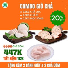 Combo Giò Chả Ngon Cửu Long: Chả Lụa (0.5KG), Chả Bì (0.5KG), Chả Mọc Sống (0.5KG) - Giao Nóng, Sạch ISO 22000