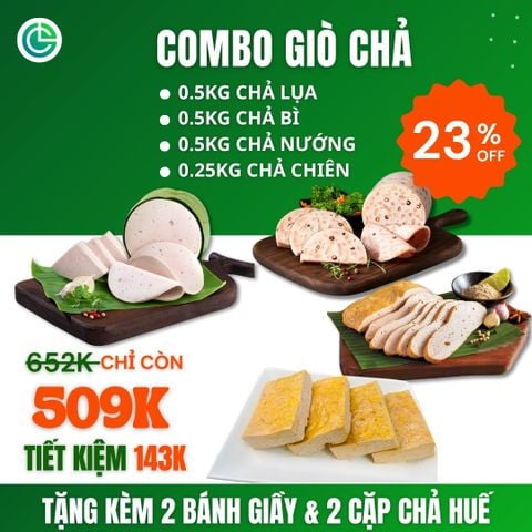 Combo Giò Chả Ngon Cửu Long: Chả Lụa (0.5KG), Chả Bì (0.5KG), Chả Nướng (0.5KG), Chả Chiên (0.25KG) - Sạch An Tâm, Giao Nóng