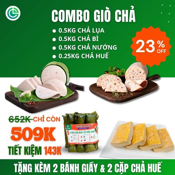 Combo Giò Chả Ngon Cửu Long: Chả Lụa (0.5KG), Chả Bì (0.5KG), Chả Nướng (0.5KG), Chả Huế (0.25KG) - Không Túi Nilon, Giao Nóng