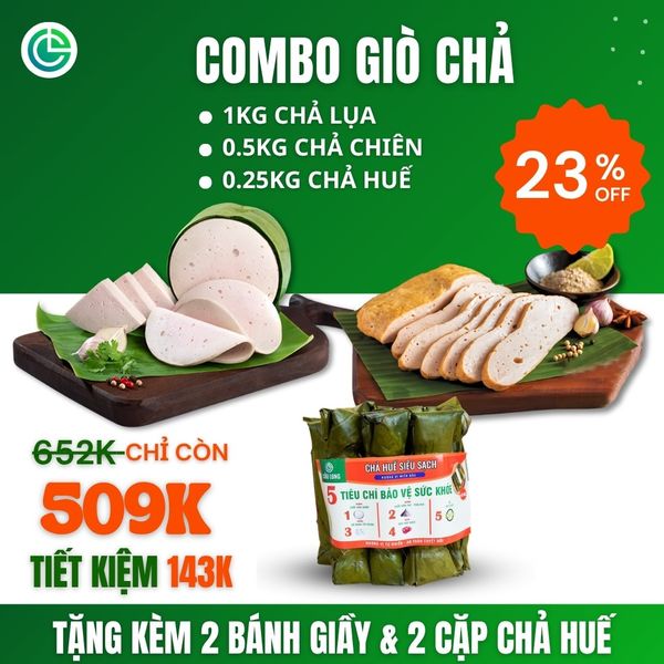 Combo Giò Chả Ngon Cửu Long: Chả Lụa (1KG), Chả Chiên (0.5KG), Chả Huế (0.25KG) - Không Túi Nilon, Giao Nóng Mỗi Ngày