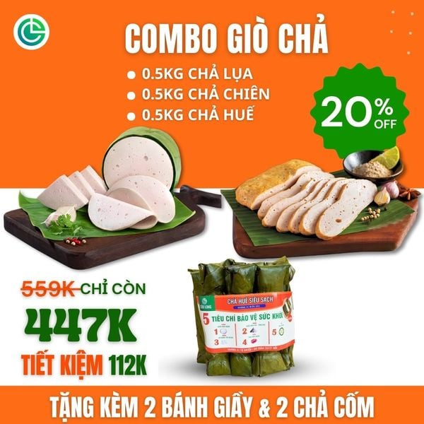 Combo Giò Chả Ngon Cửu Long: Chả Lụa (0.5KG), Chả Chiên (0.5KG), Chả Huế (0.5KG) - Giao Nóng Mỗi Ngày