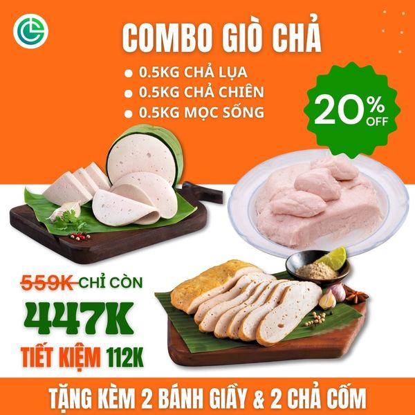 Combo Giò Chả Ngon Cửu Long: Chả Lụa (0.5KG), Chả Bì (0.5KG), Chả Chiên (0.5KG) - Không Phụ Gia Nhân Tạo