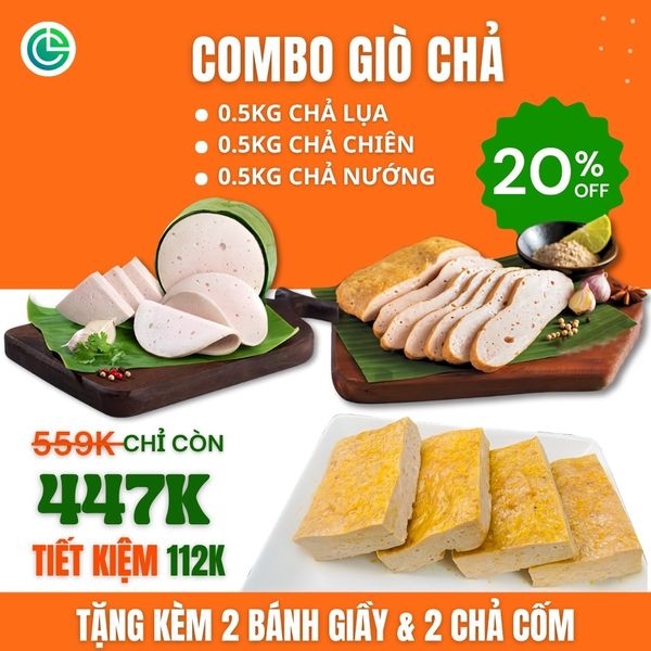 Combo Giò Chả Ngon Cửu Long: Chả Lụa (0.5KG), Chả Nướng (0.5KG), Chả Chiên (0.5KG) - Sạch An Tâm, Tiết Kiệm