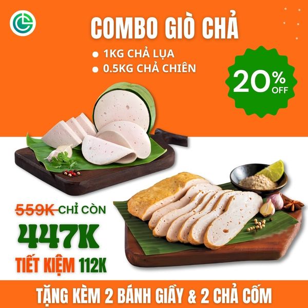 Combo Giò Chả Ngon Cửu Long: Chả Lụa (1KG), Chả Chiên (0.5KG) -Không Phụ Gia Nhân Tạo, Giao Nóng Mỗi Ngày